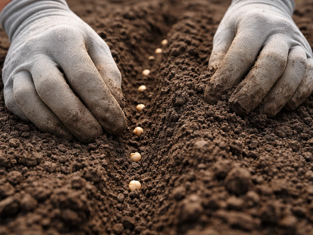 Hands sowing pulse seeds into a prepared furrow, soil covering the seeds and neat spacing visible