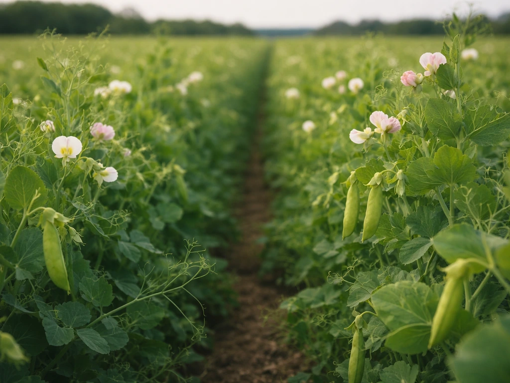 Close view of a blooming field pea row with open flowers and early pods in a rural field.