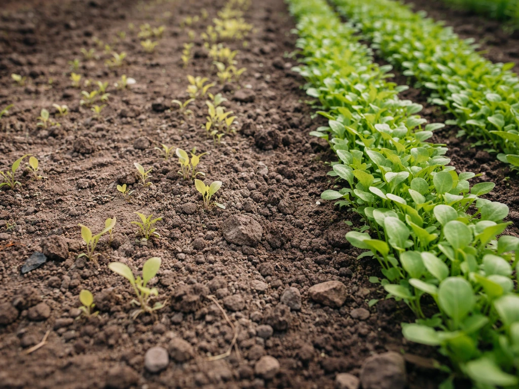 Seedlings in one section look patchy and yellow compared with a healthy green stand in the same garden bed