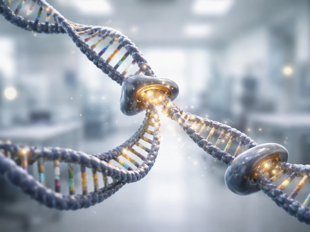 Unwinding DNA double helix with enzyme-like machinery re-forming complementary strands in a minimal lab scene.