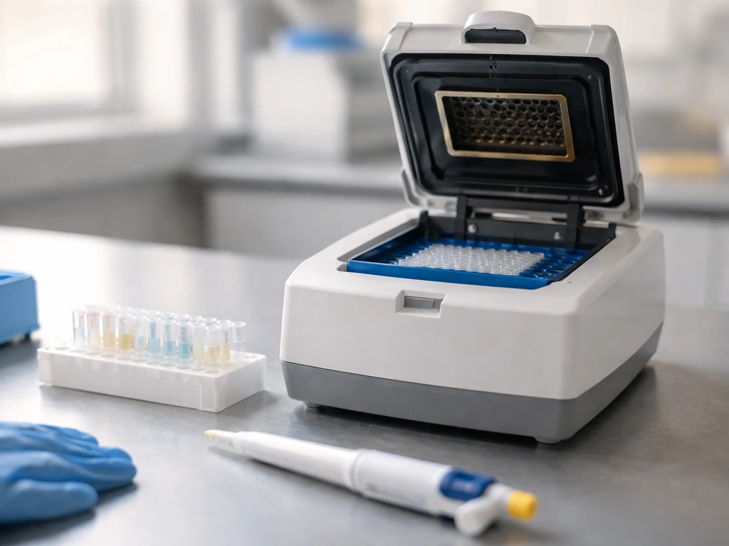 Minimal PCR lab scene with a thermocycler and small tubes of DNA reaction mix