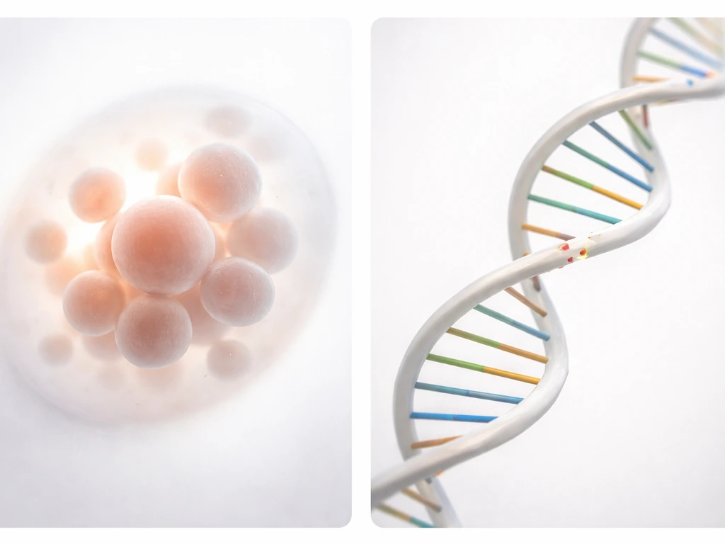 Minimal photo-style illustration comparing organism growth (more cells) to DNA sequence staying constant except mutation