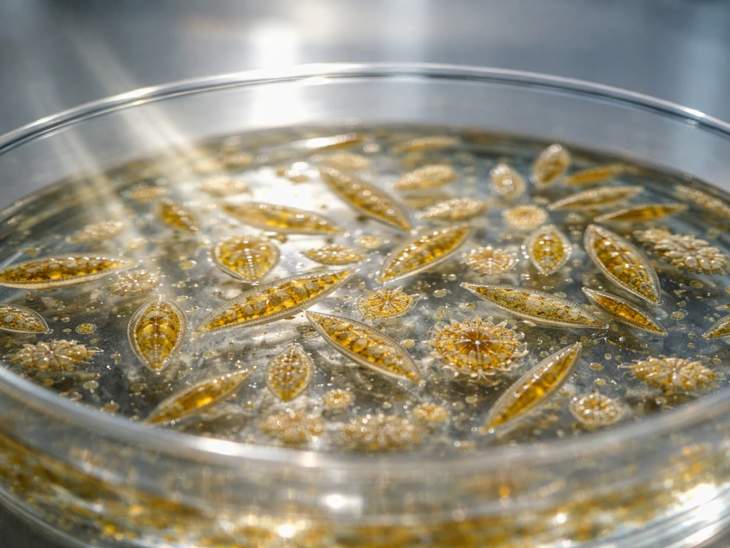 Macro view of diatoms in a small culture dish with soft light beams suggesting photosynthesis.