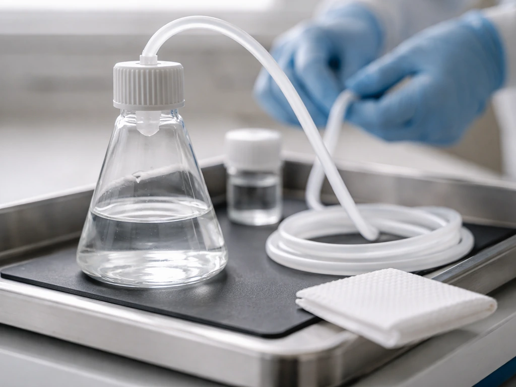Clear culture flask on a gentle shaker with sterile tubing and clean lab setup cues.