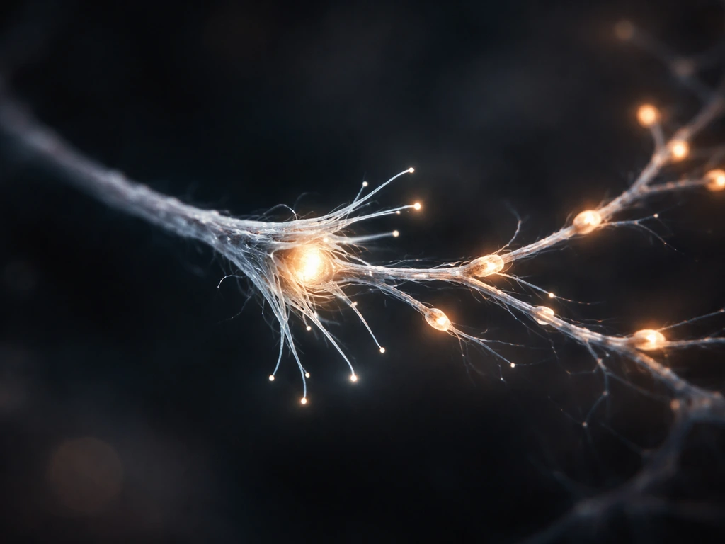 Macro photo of neuron axon with growth cone leading to branching synapse-like junctions in culture.