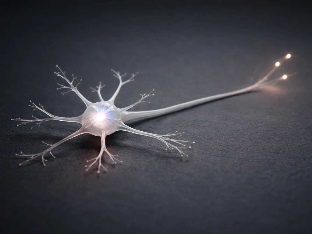 Minimal photo-style view of a neuron model with clear parts and gentle stage progression cues in the background