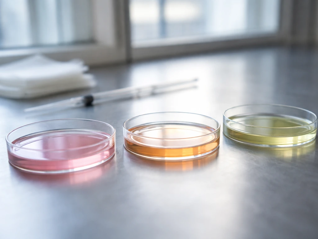 Three sterile petri dishes with different stem-cell culture media, one background showing softly blurred lab bench.