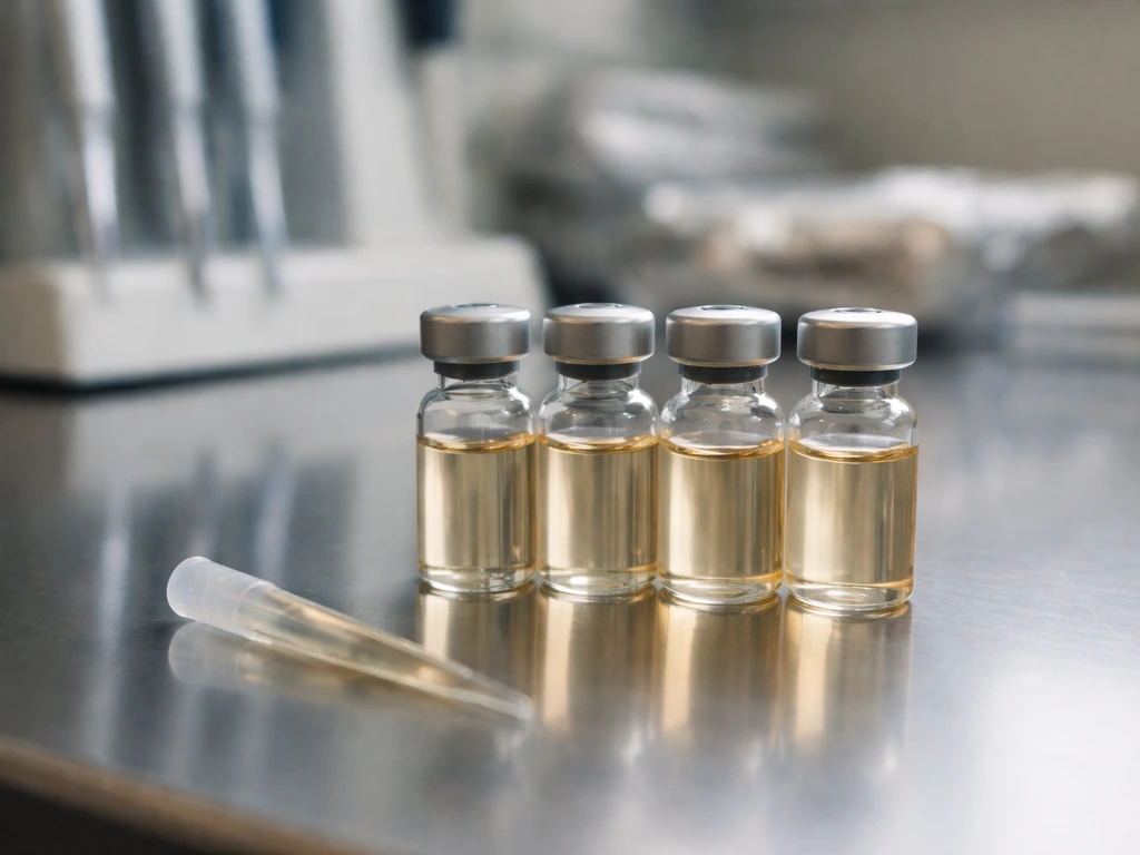 Close-up of labeled but textless stem cell culture reagents in small vials near a pipette