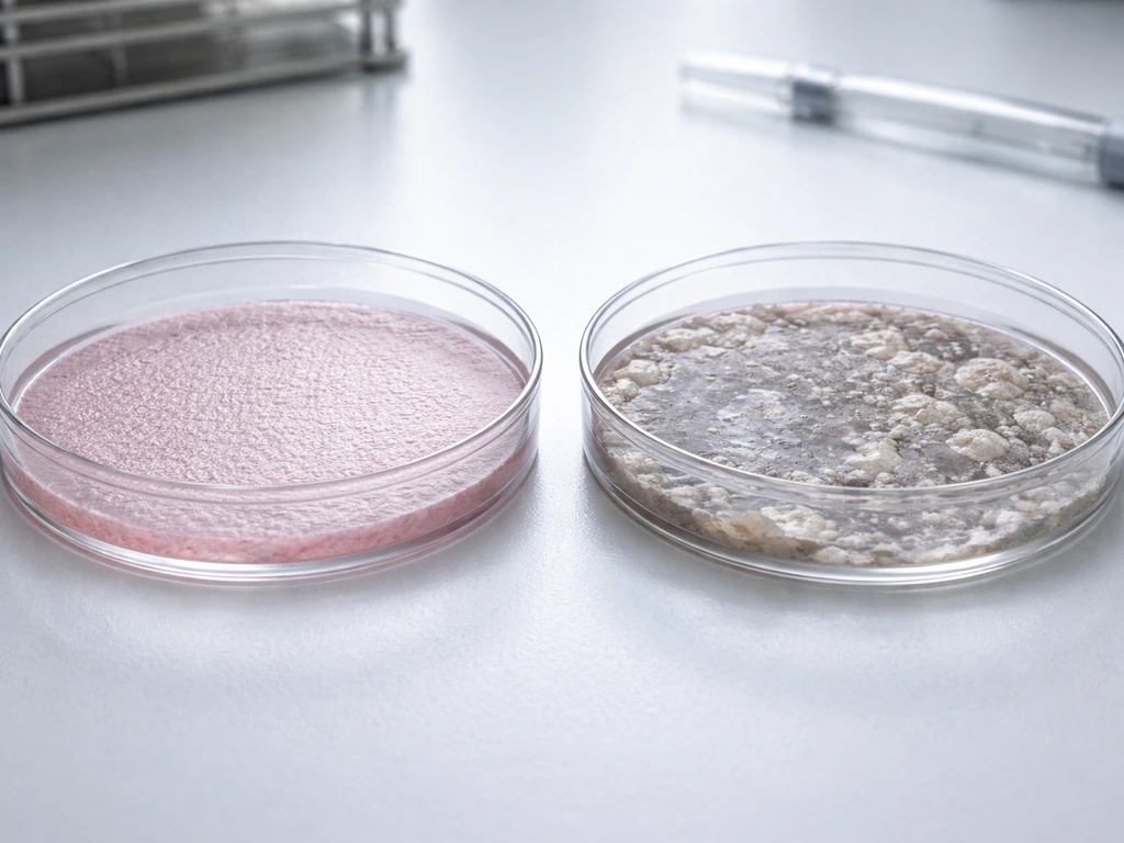 Two stem-cell culture dishes showing clean, uniform cells next to a contaminated, cloudy dish.