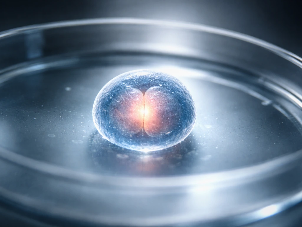 Photoreal microscope view of a single cell in a lab dish, suggesting cell growth rate with subtle scale cues.