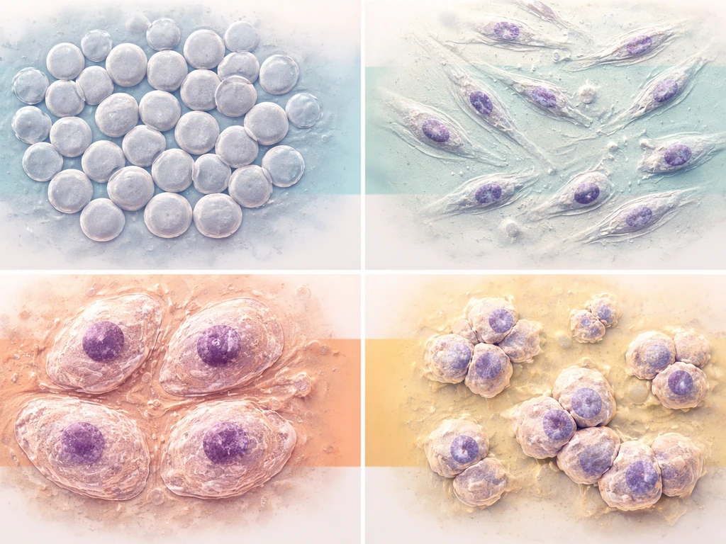 2x2 photomicrograph panels of different anonymous cell morphologies with subtle colored phase timing bands.