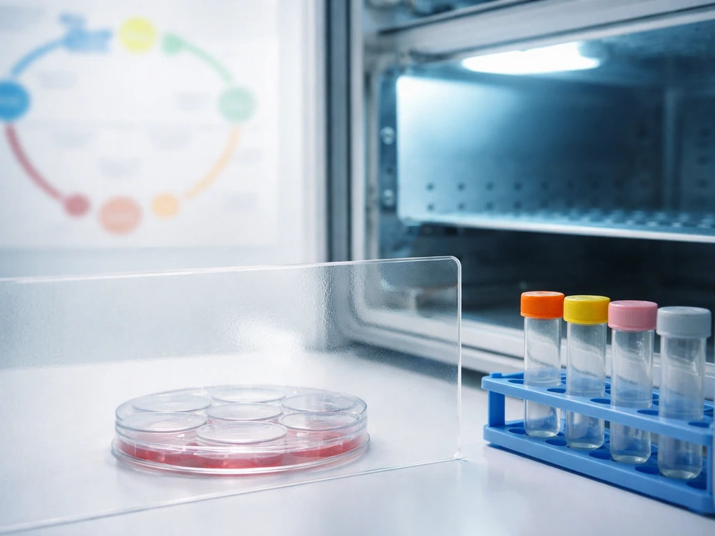 Minimal photo of a lab incubator with a single culture dish and blurred cell-cycle style diagram background.