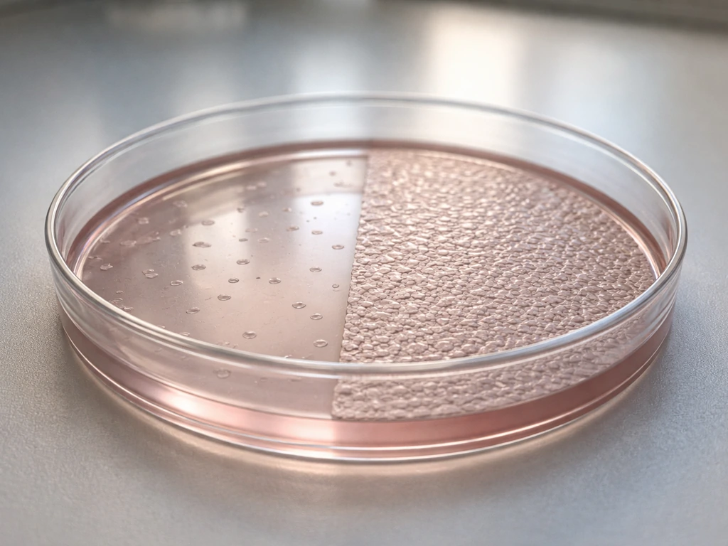 Close-up culture dish showing sparse cells on one side and dense confluency on the other.