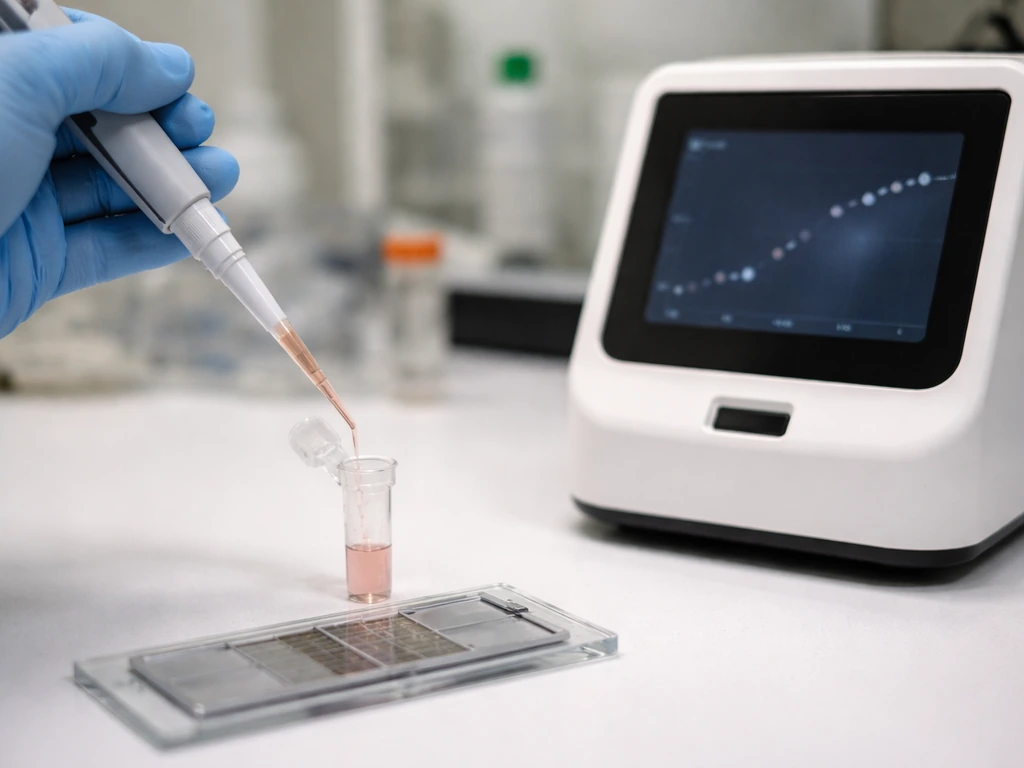 Gloved hand pipetting by a hemocytometer and cell counter with a blurred growth curve screen