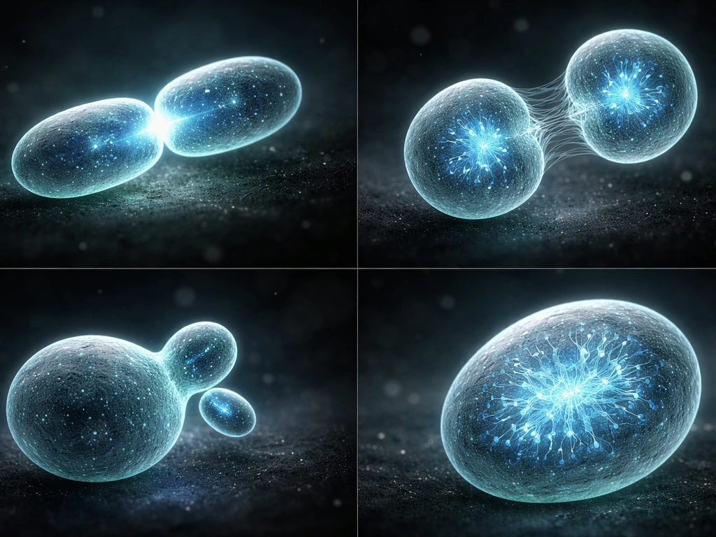 Microscope-like macro image showing different cell-division modes: split, mitosis, meiosis, budding, and endoreduplicati