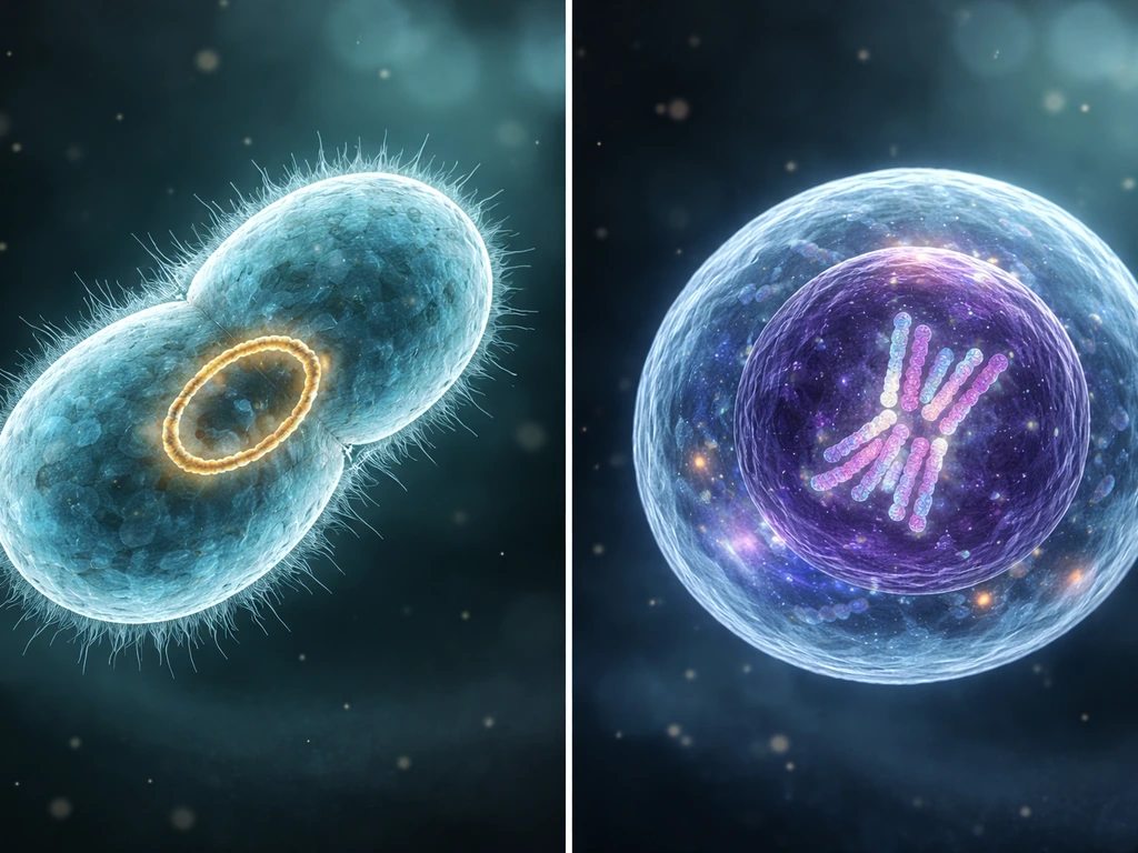Split-screen style photo of an abstract prokaryotic cell vs eukaryotic cell preparing to divide