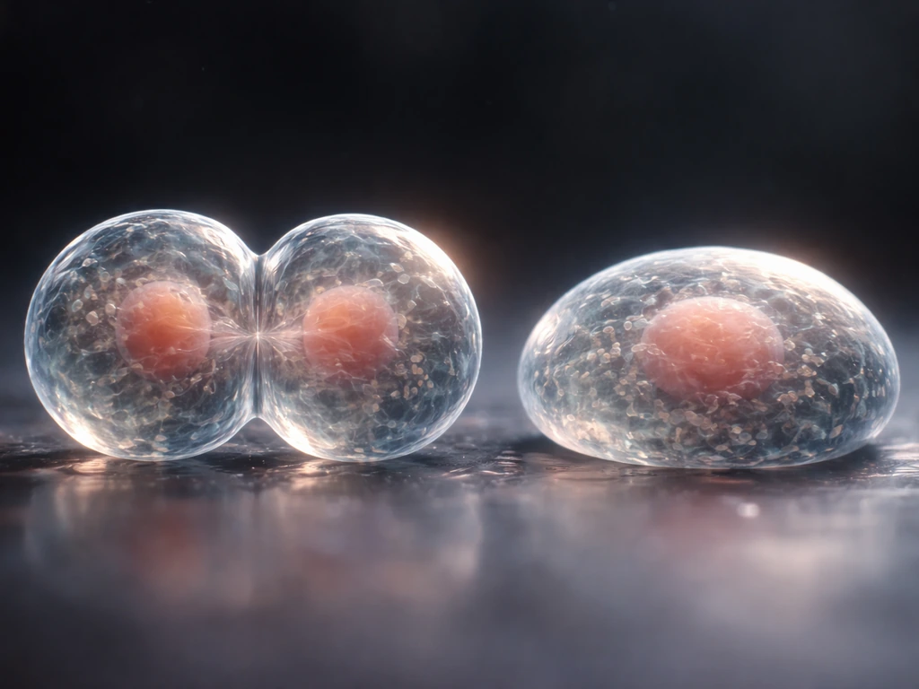 Two neighboring cells contrast: one dividing while a differentiated cell appears to have stopped cycling.
