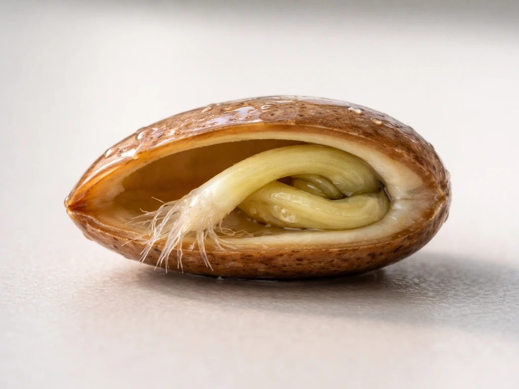 Soaked seed in cross-section with the radicle emerging first before the shoot