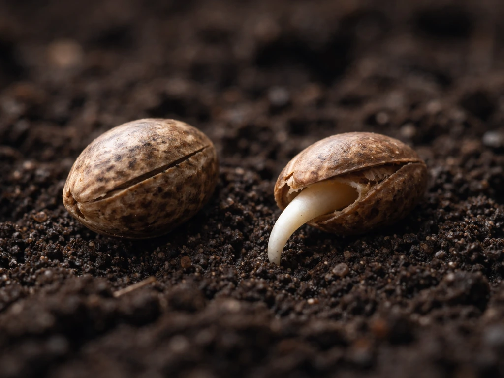 Close-up of a dry seed next to a germinating seed with a small radicle emerging