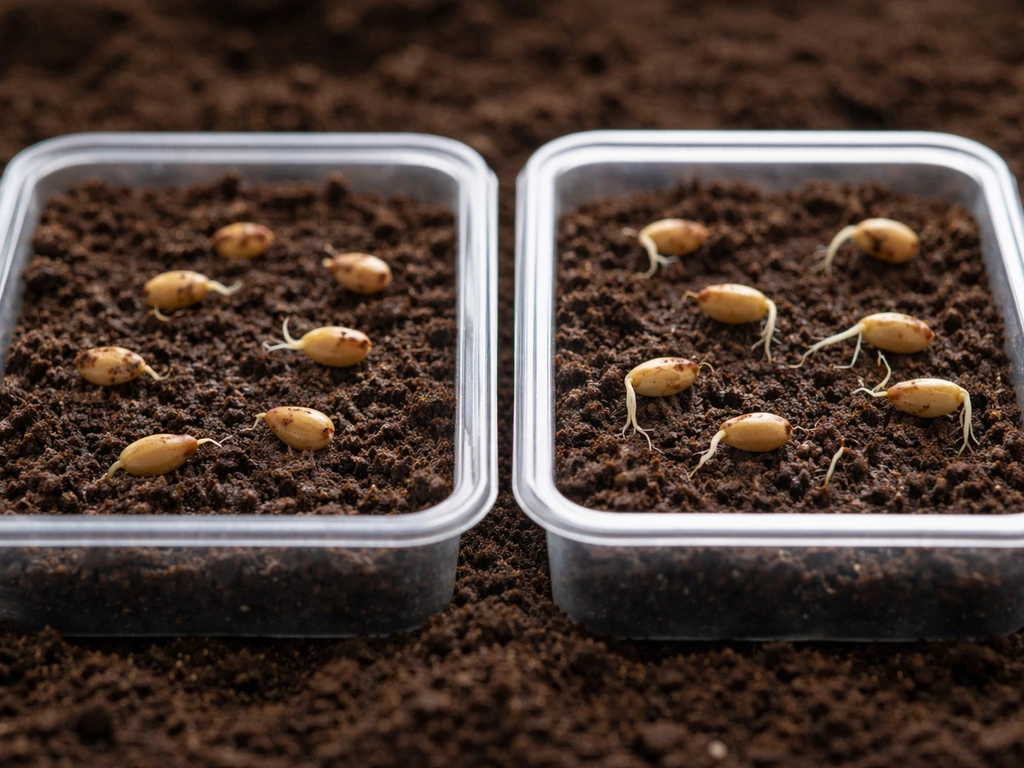 Two seed trays showing different germination stages, illustrating hormone cues controlling roots versus shoots