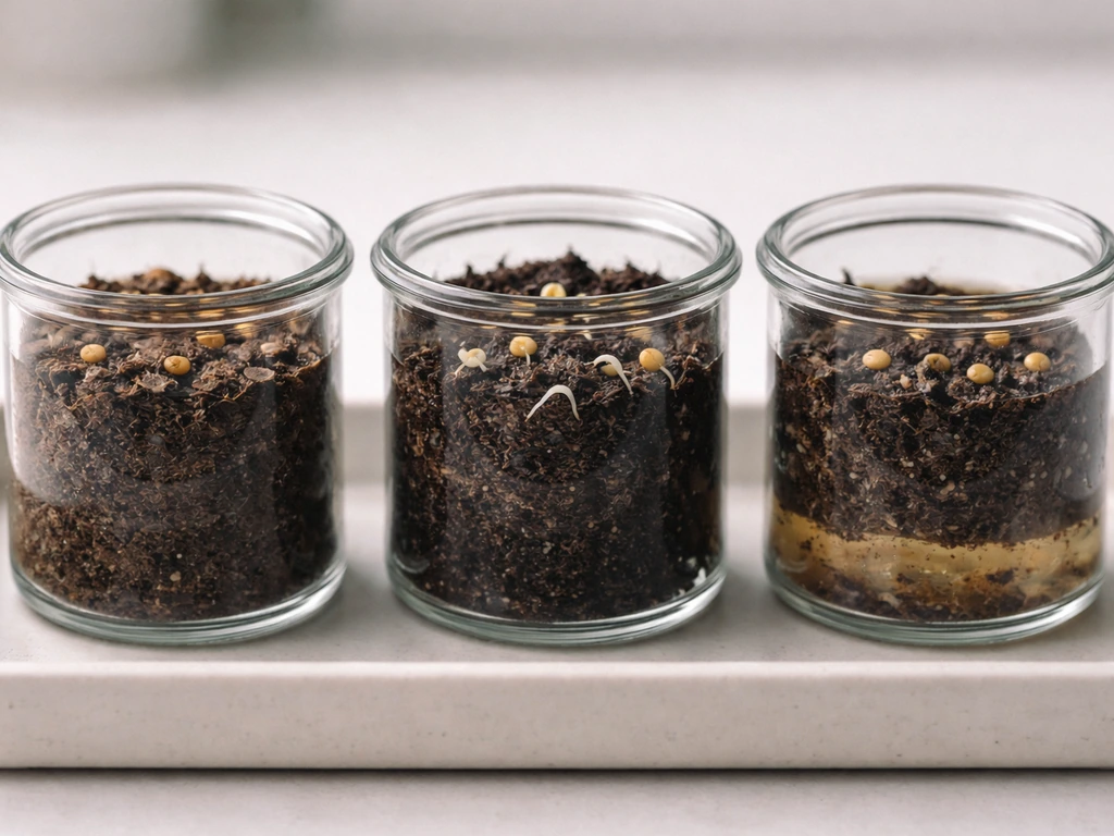 Three seed containers showing dry, optimal, and waterlogged moisture with radicles visible only in the optimal one.