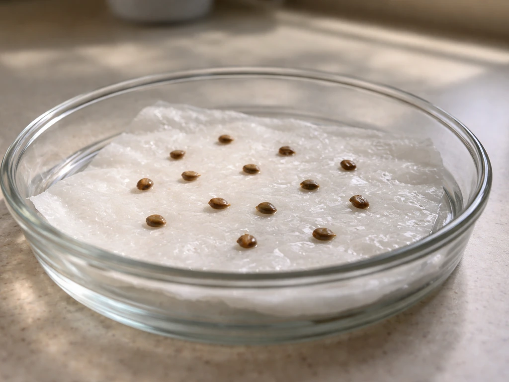 Moist wrung paper towel with seeds in a shallow dish, ready for root-first germination monitoring