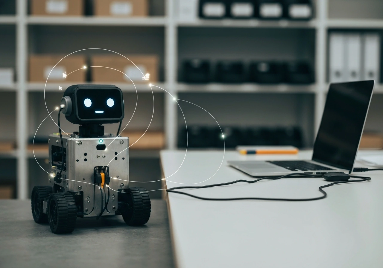 A service robot near a laptop and charging station with subtle tech cables suggesting gradual development.