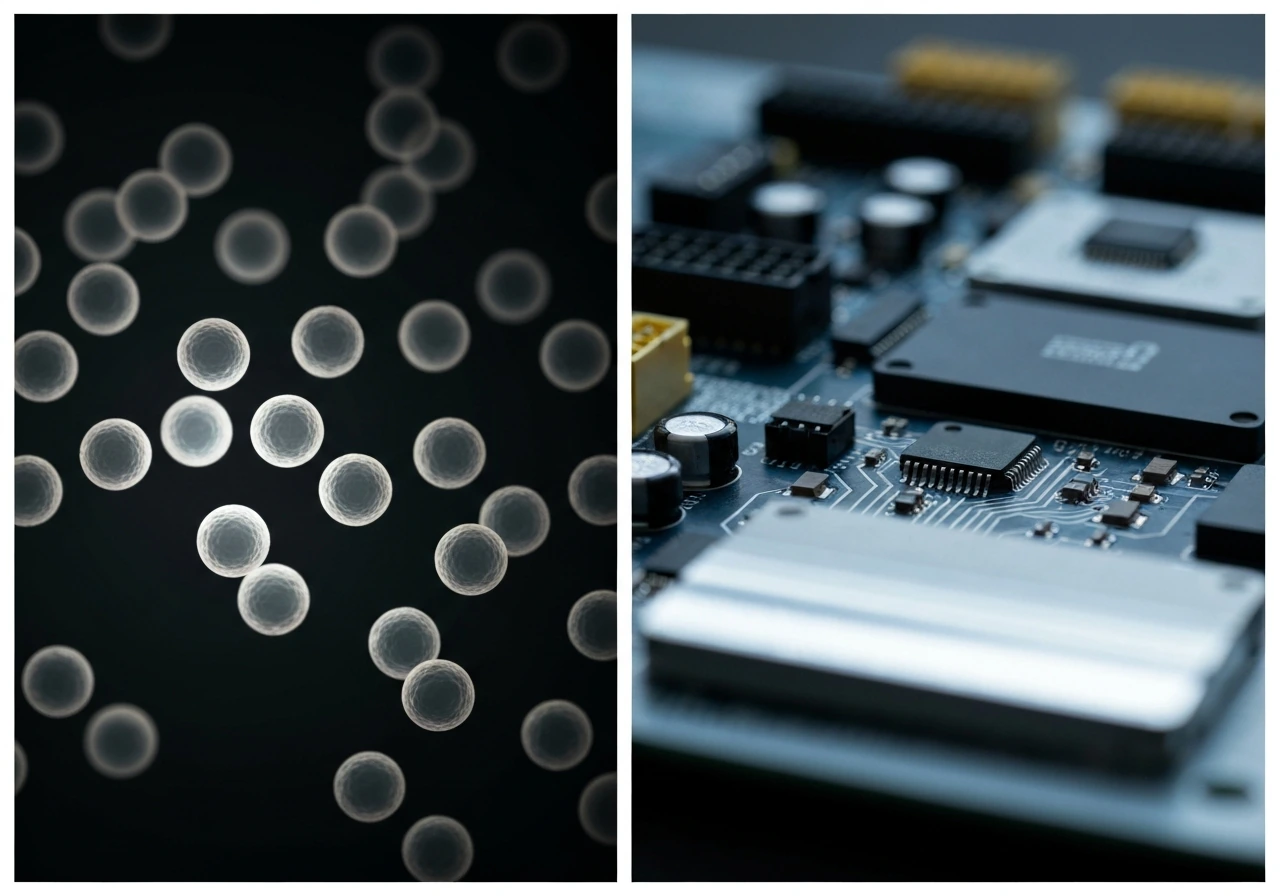 Split view showing a close-up of growing cells beside a sleek circuit board with connected components.