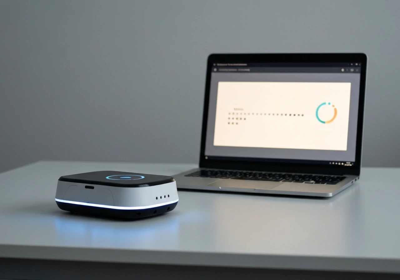 Close-up of a small service robot beside a laptop showing a model update progress workflow