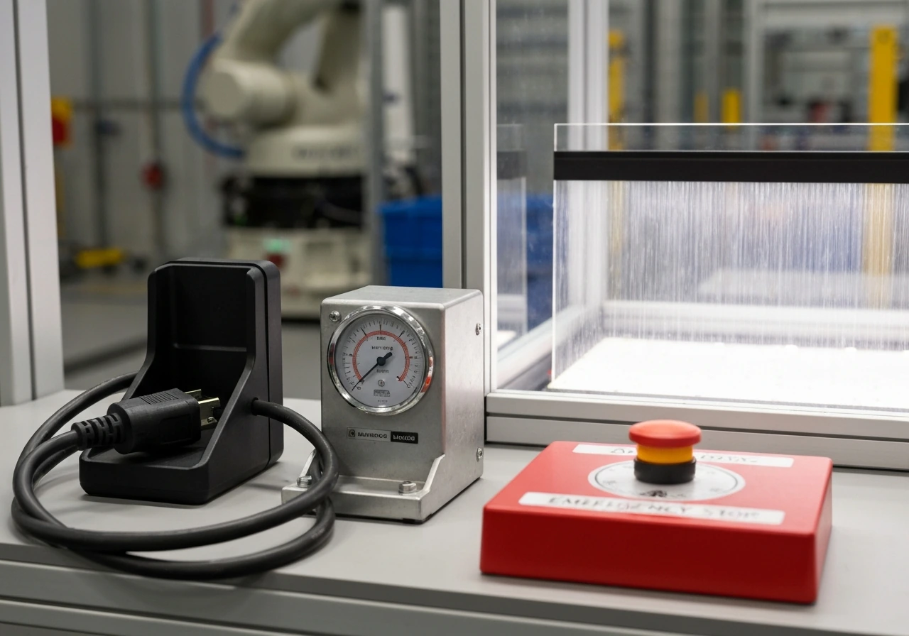 Close-up of a robot charging dock, motor load indicator, safety light curtain, and emergency stop panel
