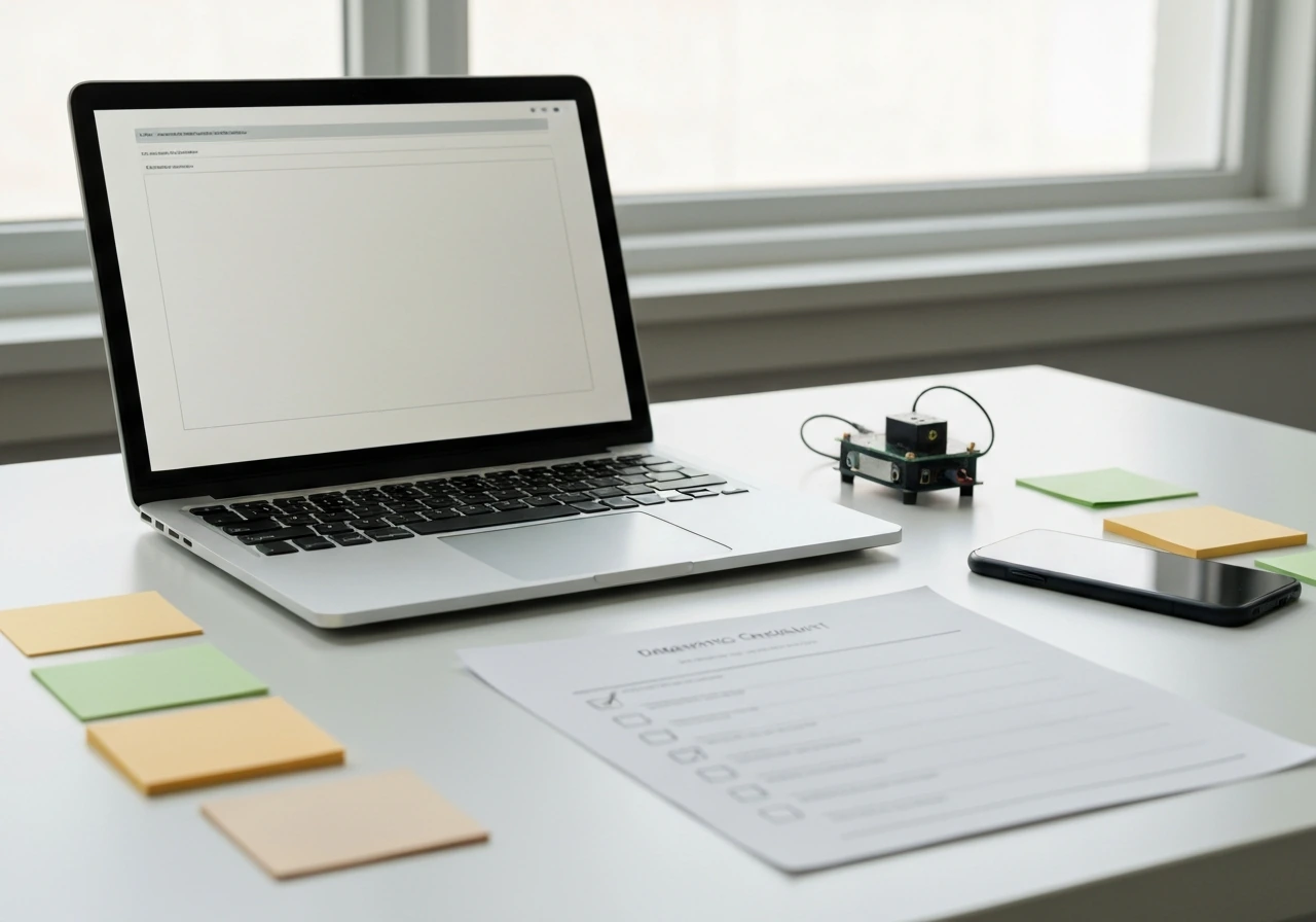 Minimal desk setup with blank checklist, laptop, and diagnostic robot hardware for assessing development capability.