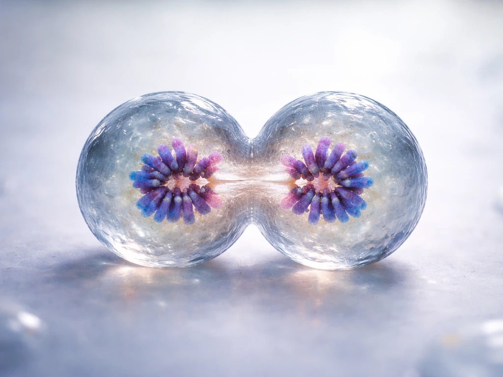 Macro lab photo of one cell pinching into two daughter cells, showing cell division progression.