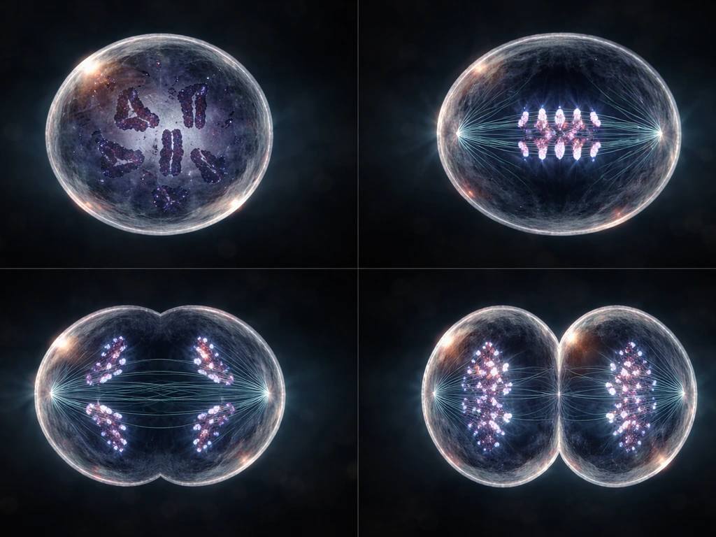 Four-panel realistic microscopy-style view of prophase, metaphase, anaphase, and telophase in one dividing cell.