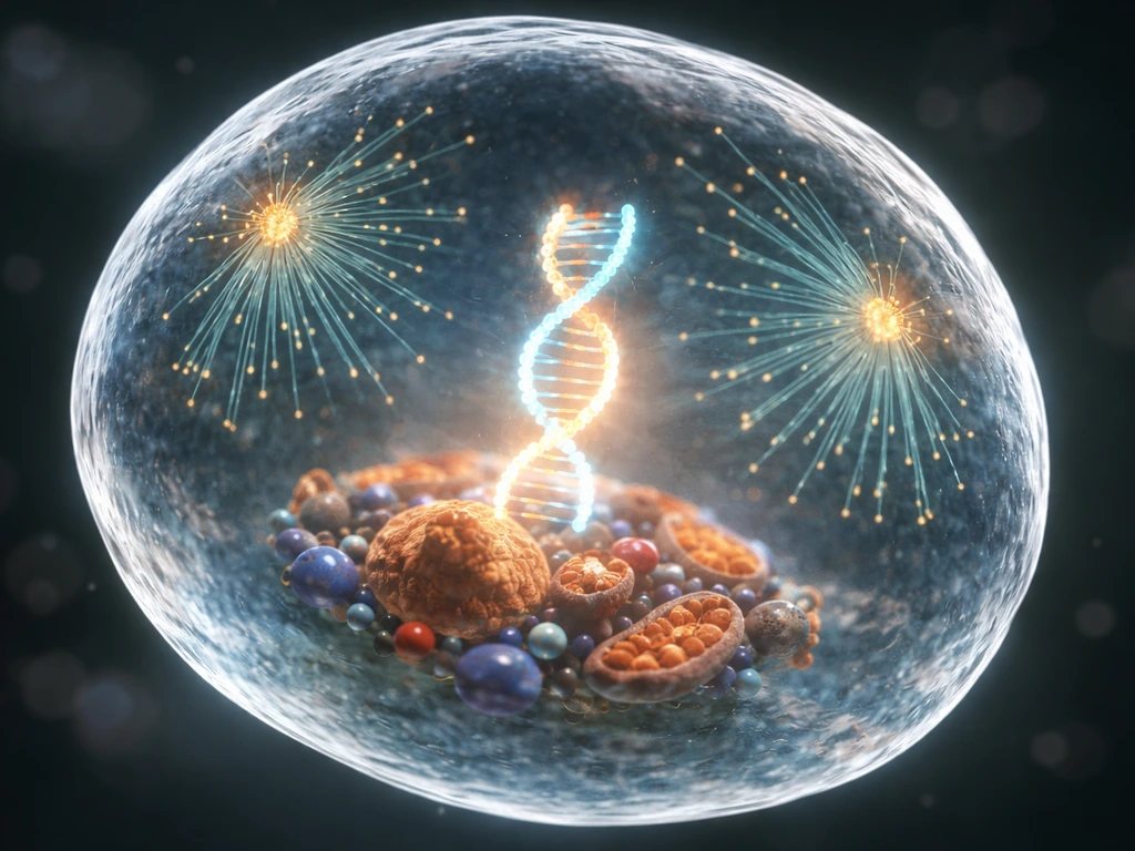 Minimal photoreal close-up of a cell interior with glowing DNA replication and spindle proteins assembling before divisi