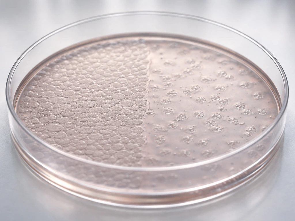 Microscope-style view of a petri dish where confluent cells meet an area with more space.