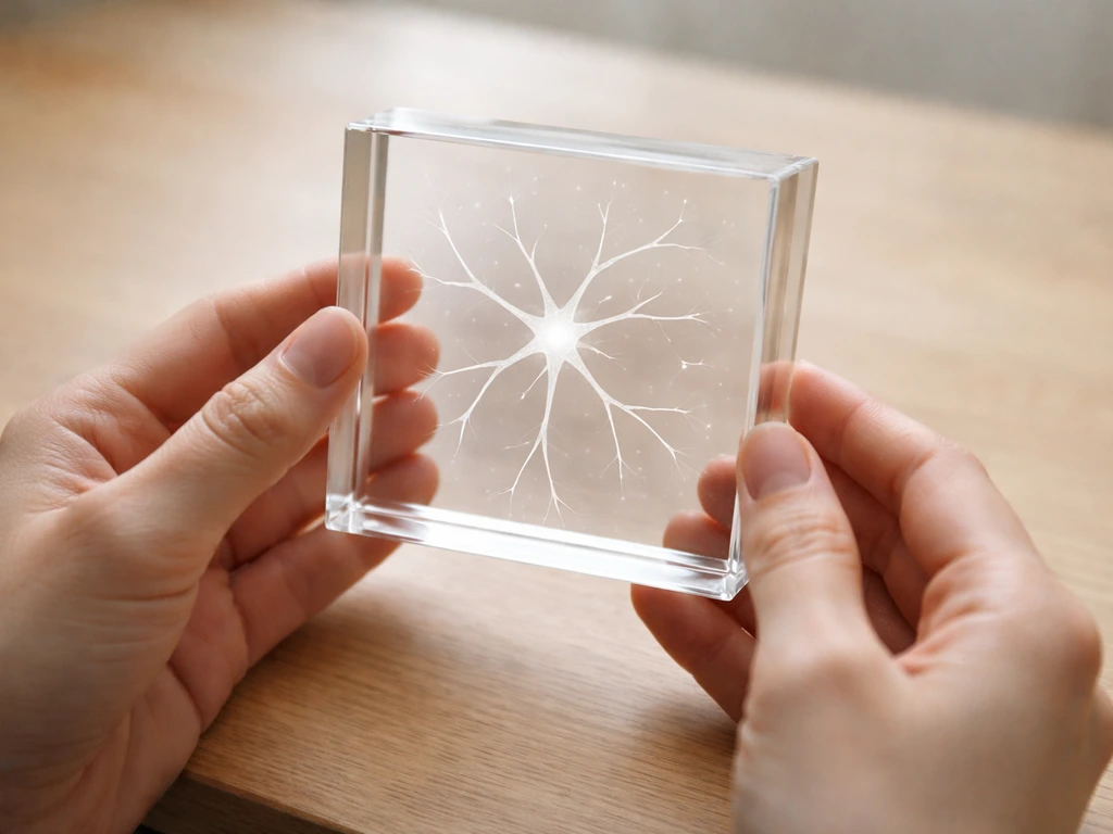Close-up of a hand holding a small glass model of branching neural connections on a plain desk
