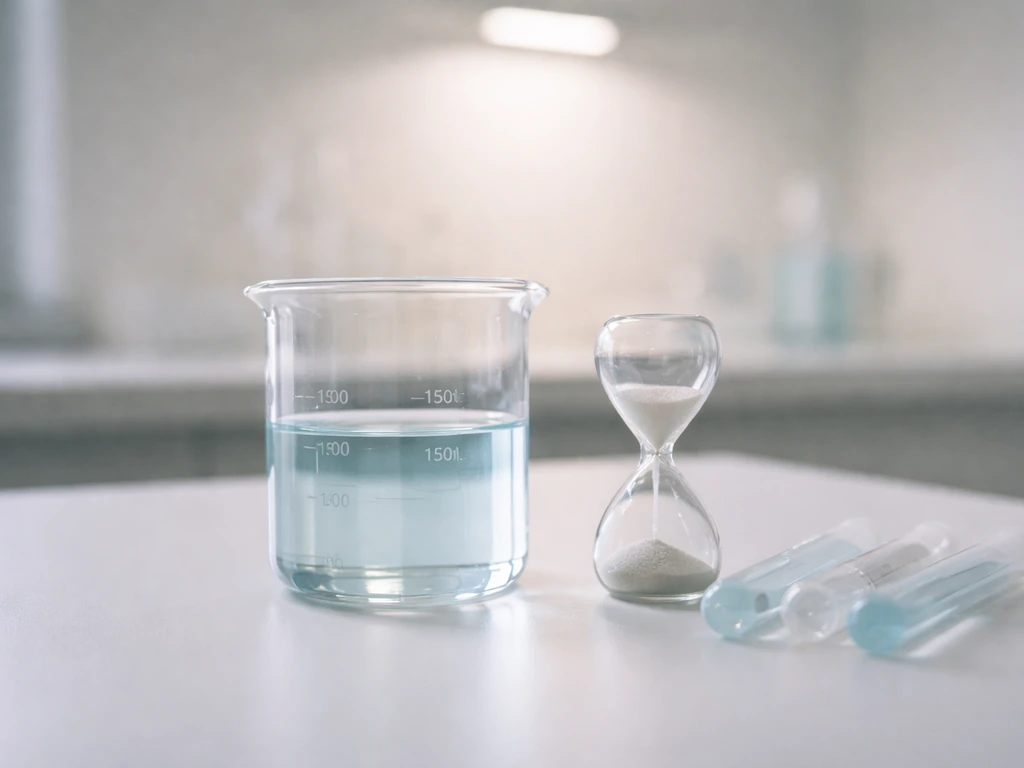 Minimal lab desk scene with a beaker and an hourglass suggesting time-based cellular change.