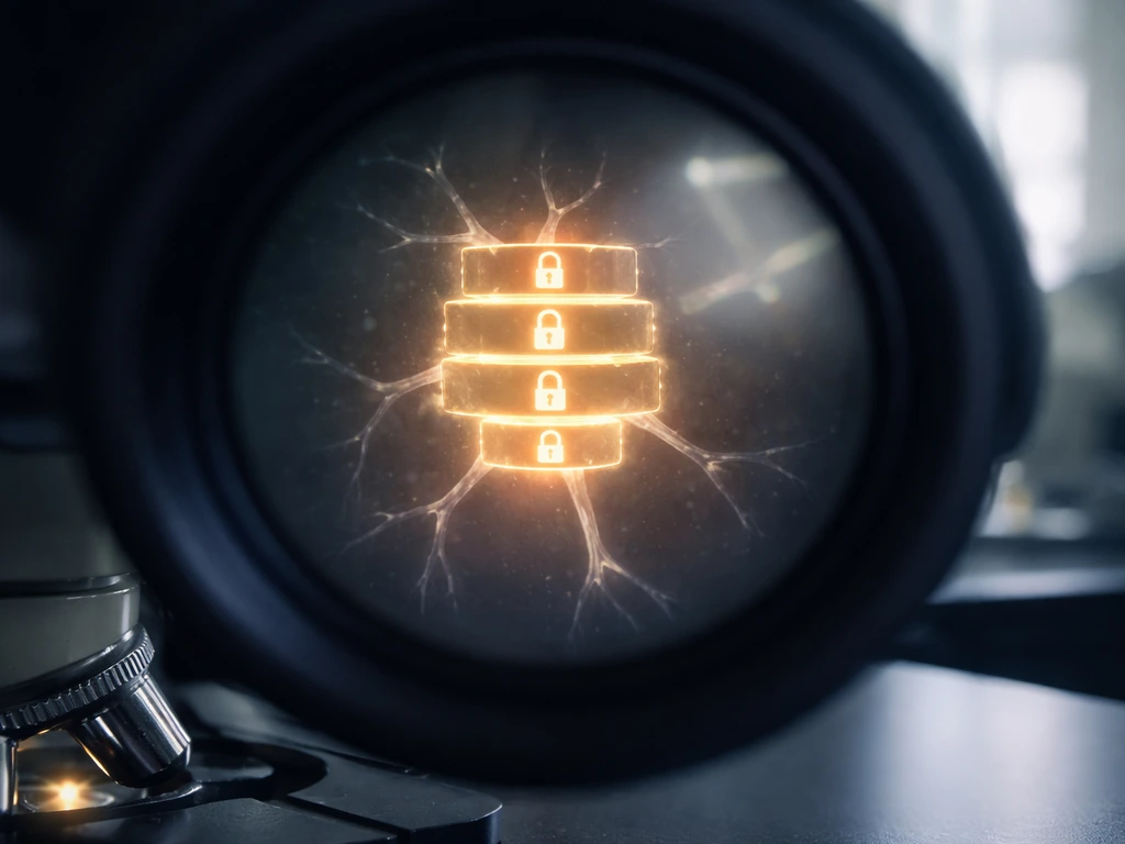 Minimal photo of a lab microscope view with a neuron-like silhouette and a blocked cell-cycle pathway glow.