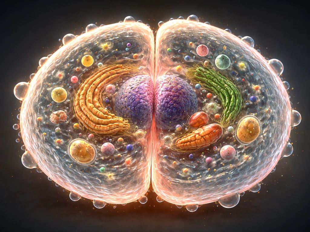 Realistic cellular cross-section showing membrane expansion and internal organelles preparing for division