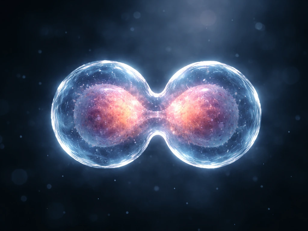 Microscope-style view of a dividing cell with subtle highlights suggesting cell mass growth