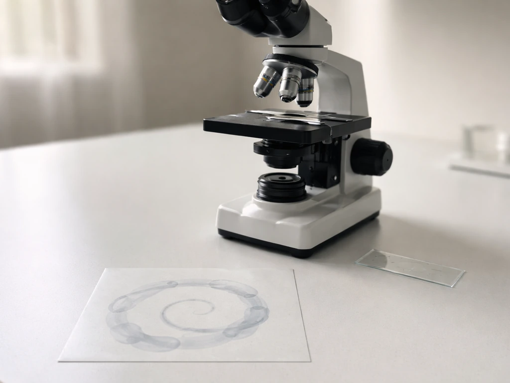 Minimal photo of a lab bench with a single microscope and a simple spiral pattern implying the cell cycle