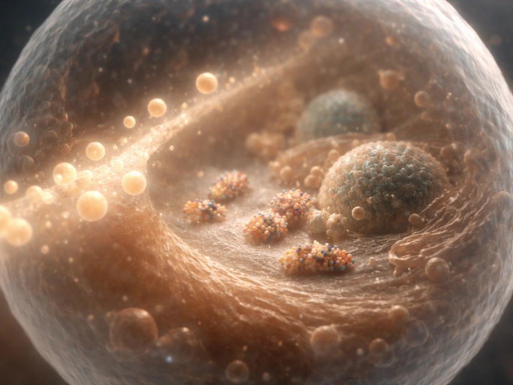 Minimal photo of a cell-like interior scene with nutrient particles and forming protein structures