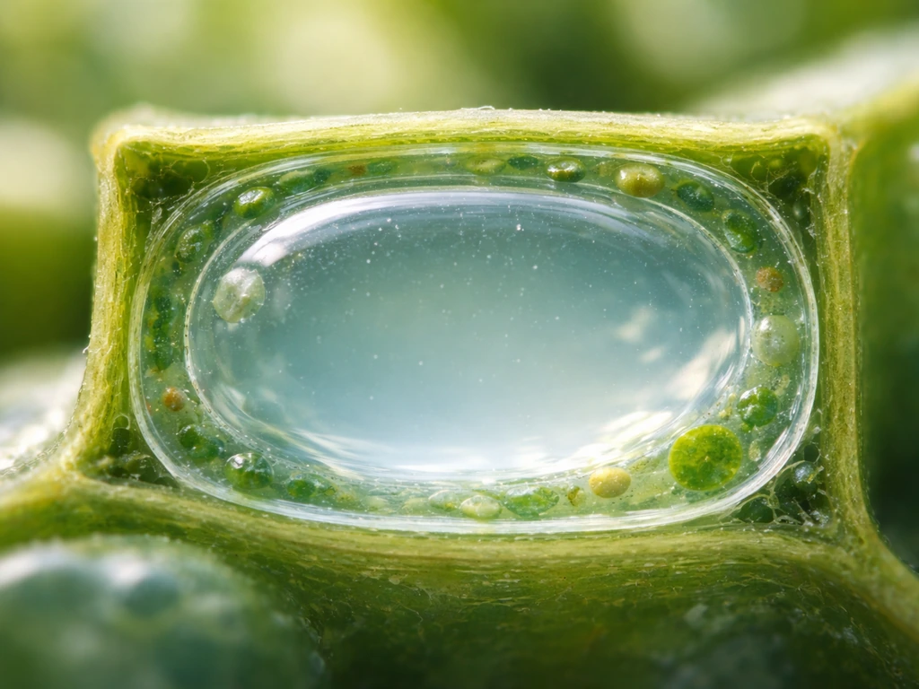 Macro view of a swollen plant cell vacuole pressing against a rigid cell wall to show turgor pressure.