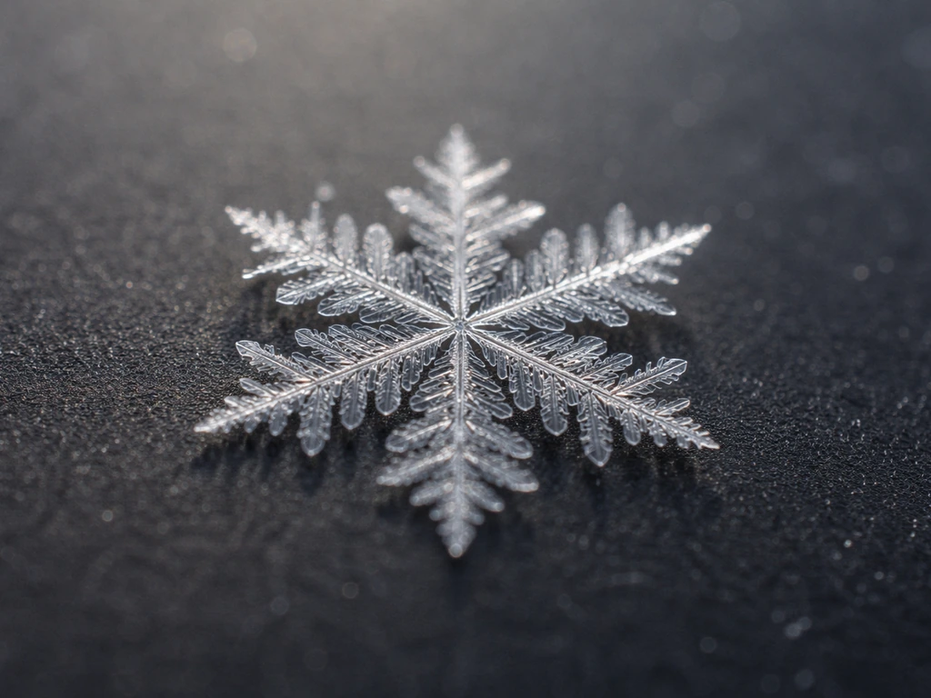 Macro snow crystal with intricate branching dendrites glowing in soft natural light.