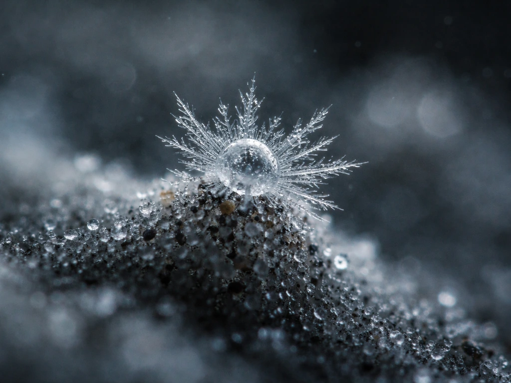 Macro view of a tiny ice embryo starting to form on a particle, with delicate frost crystals.