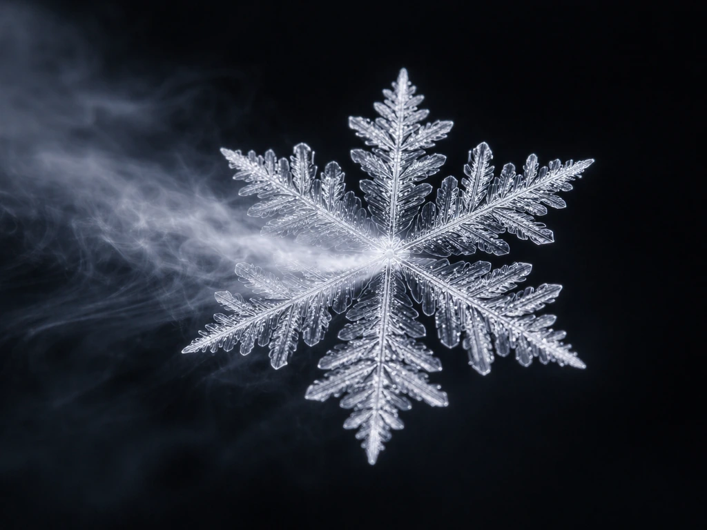 Macro photo of a tiny ice seed growing into a visible snow crystal via water vapor deposition