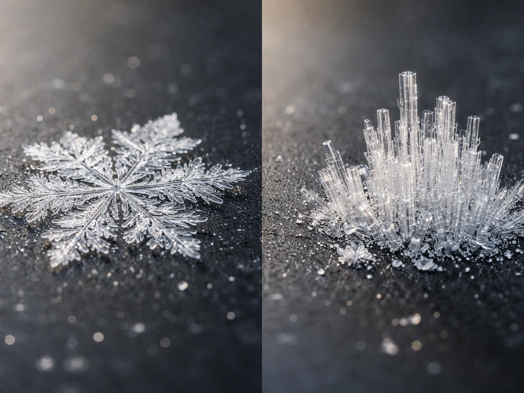 Macro side-by-side ice crystals: thin plates on one side, needle/column crystals on the other.