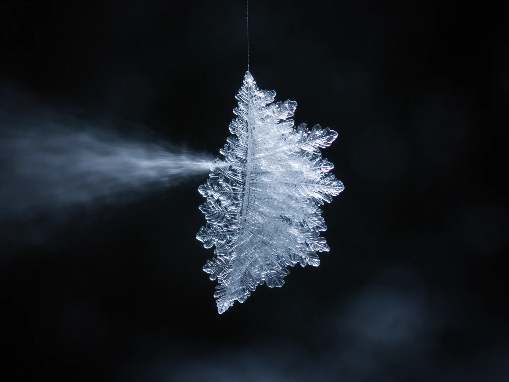 Close-up of a floating ice crystal as a directed airflow stream brings vapor, showing varied edge growth density.