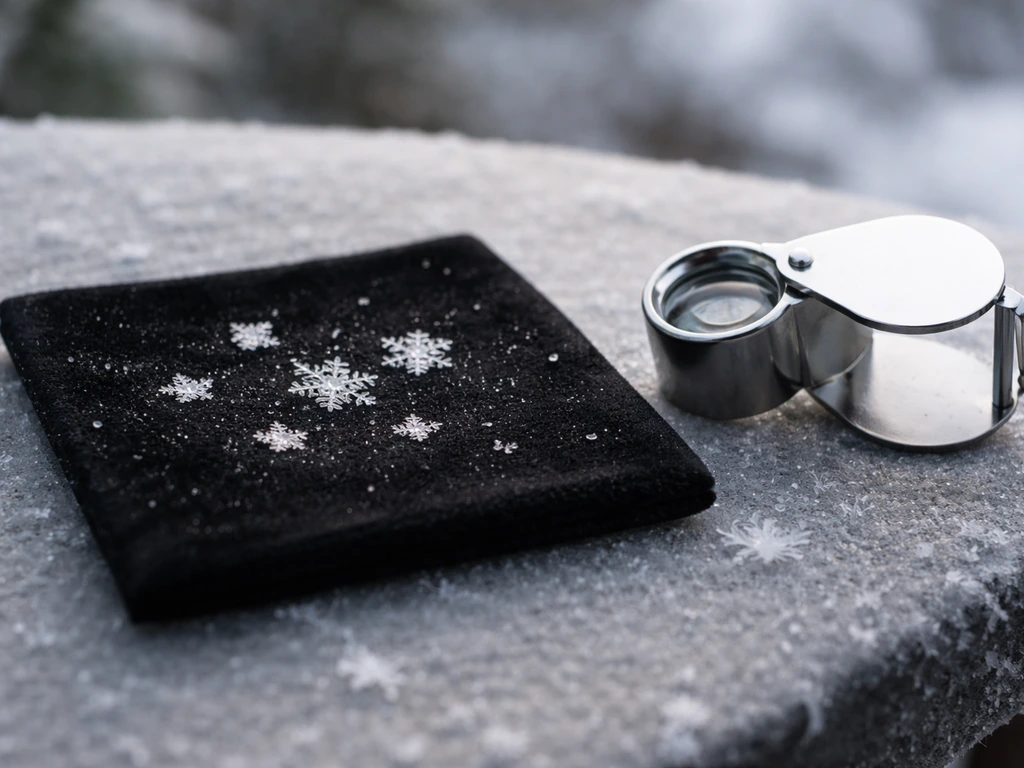 Snowflakes caught on dark velvet, examined up close with a small loupe on a cold tabletop.