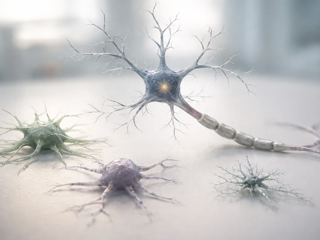 Closeup of a neuron with nearby astrocyte, oligodendrocyte, and microglia in soft natural light.